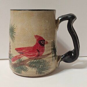 Handcrafted Ceramic Mug With Red Cardinal & Pine Tree Design Artist Signed 2016